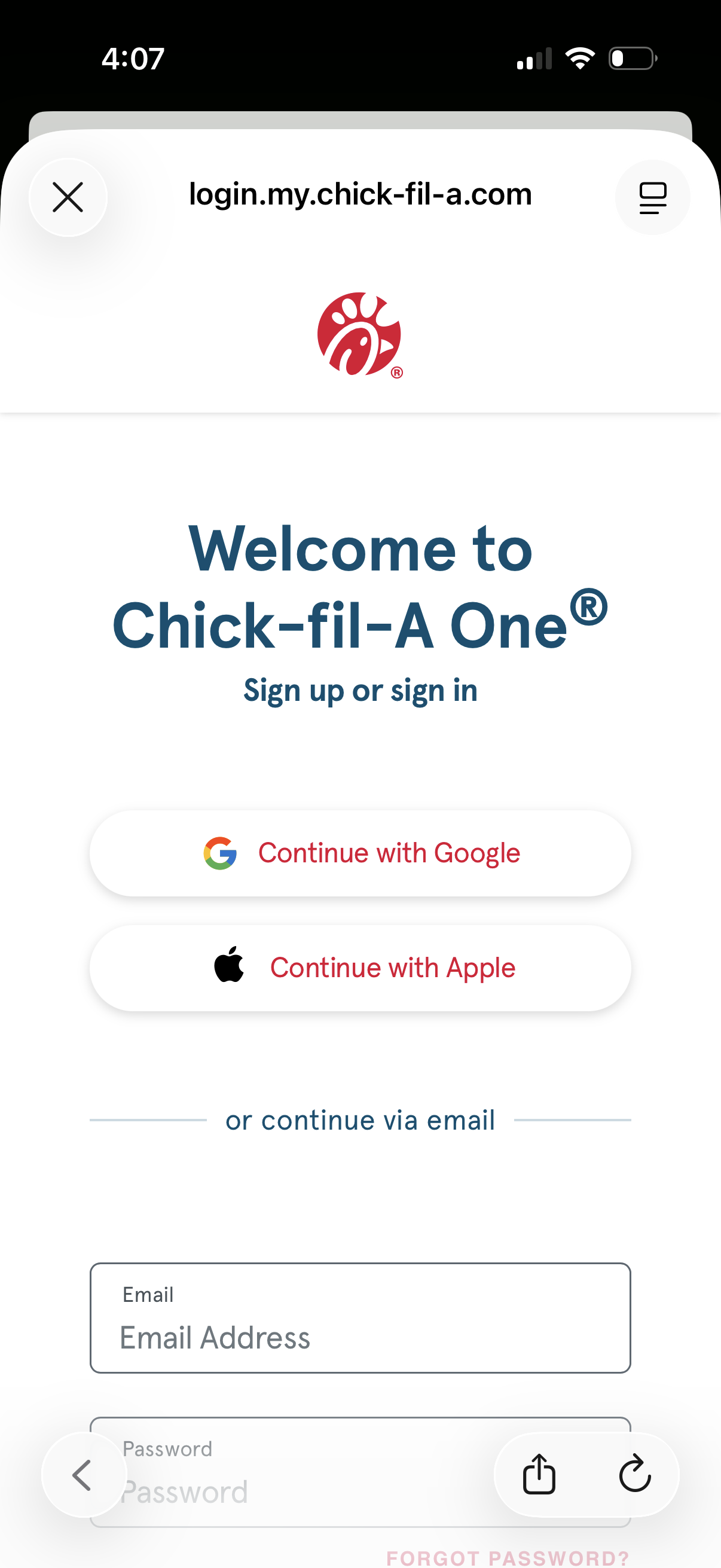 chick-fil-a login screenshot